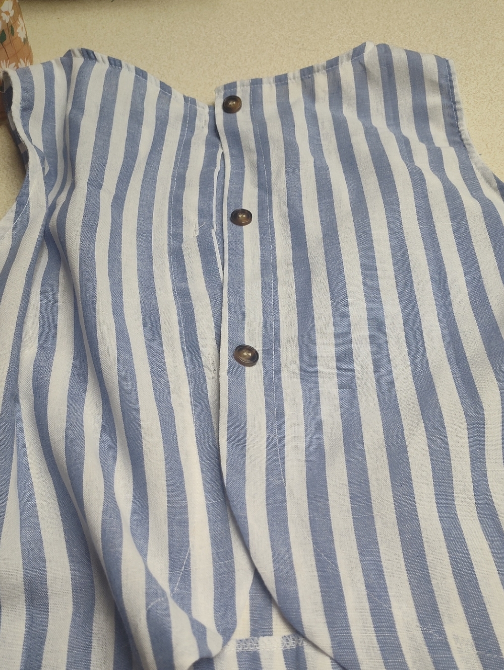 Sleeveless Blue and White Vertical Stripe Button Top